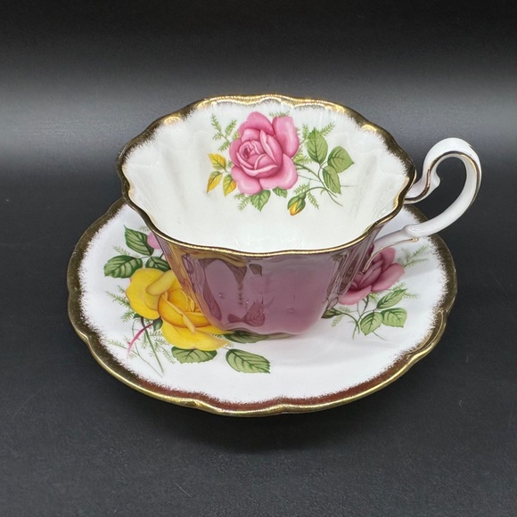 Adderley Pink Yellow Roses Tea Cup Saucer Set Bone China England - Picture 2 of 5